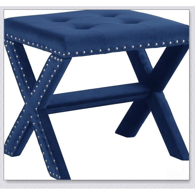Banc d'appoint rembourré en velours avec garniture cloutée, siège capitonné pour l'entrée et le salon, Bleu