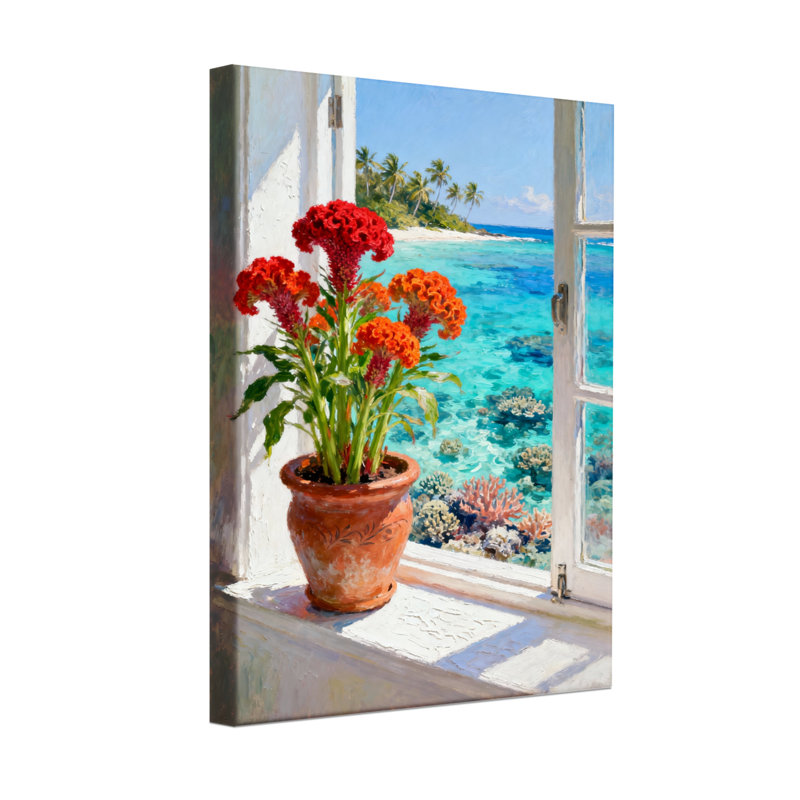 Plantes et fleurs, vue de la fenêtre, plage tropicale, plante en pot, H 30 po x l 20 po