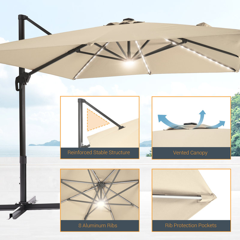 Parasol lumineux en porte-à-faux rectangulaire à levier 11,5 pi x 9 pi Trixie, Sable