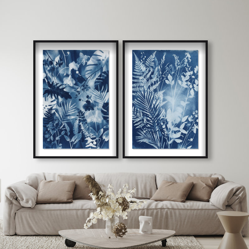 Blue Folliage Set Shadowbox Floral & Botanical Print by Oliver Gal, Black Frame, 10 x 15, 37.5"H x 55.5"W, Black Shadowbox