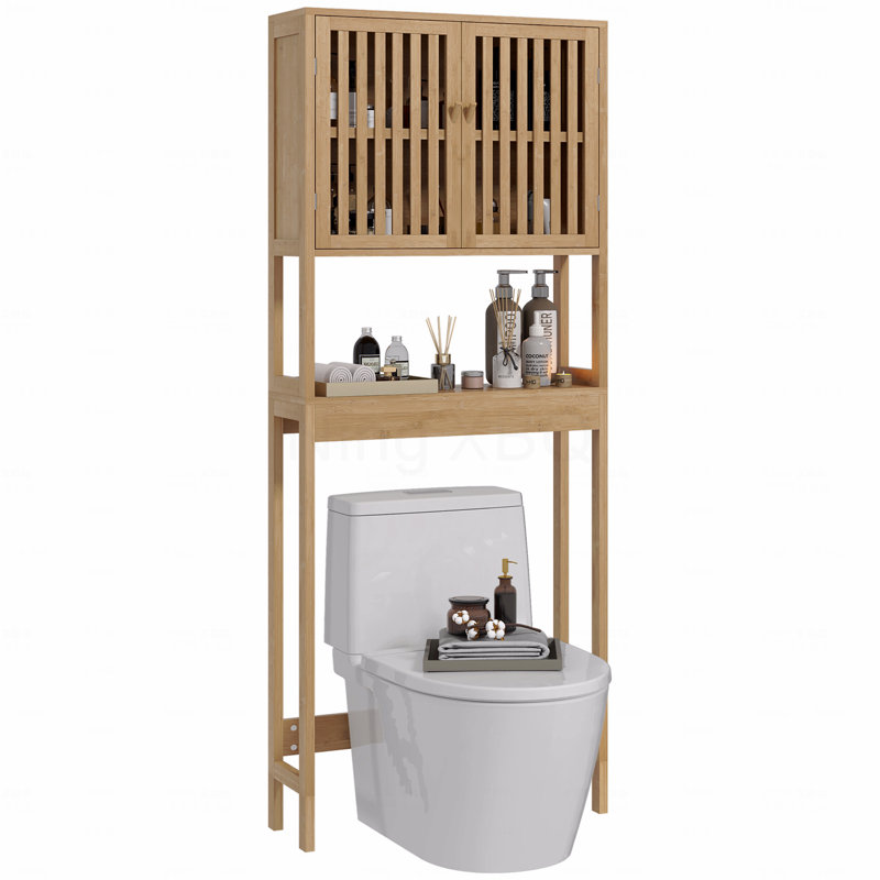 Bamboo Over The Toilet Storage Cabinet, Over Toilet Bathroom Organizer With Slatted Doors, Adjustable Shelves And Open Shelf