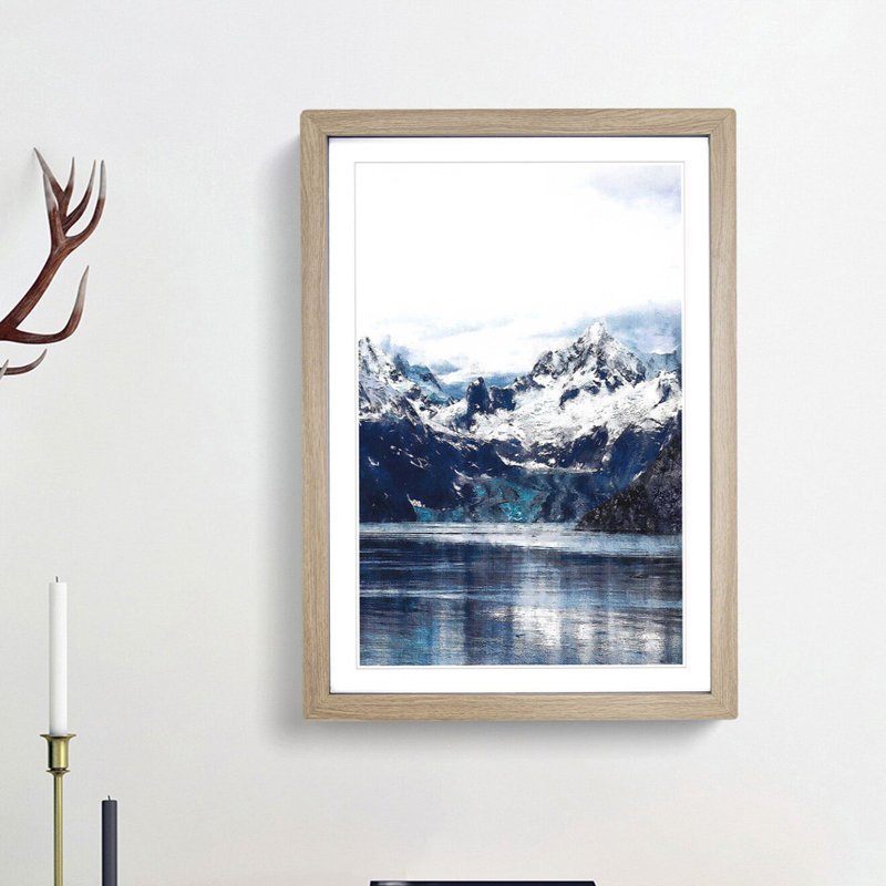 Snow Covered Mountains in Juneau Alaska - Picture Frame Painting Print, 33cm H x 24cm W x 2cm D, Oak Framed