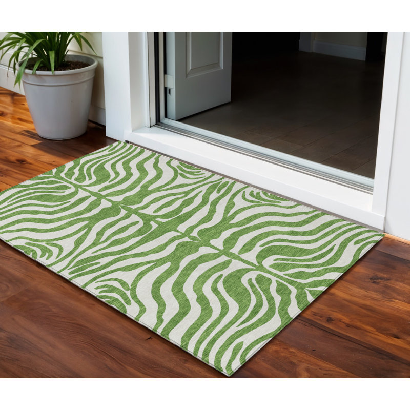 3' X 5' Green And Ivory Animal Print Washable Indoor Outdoor Area Rug