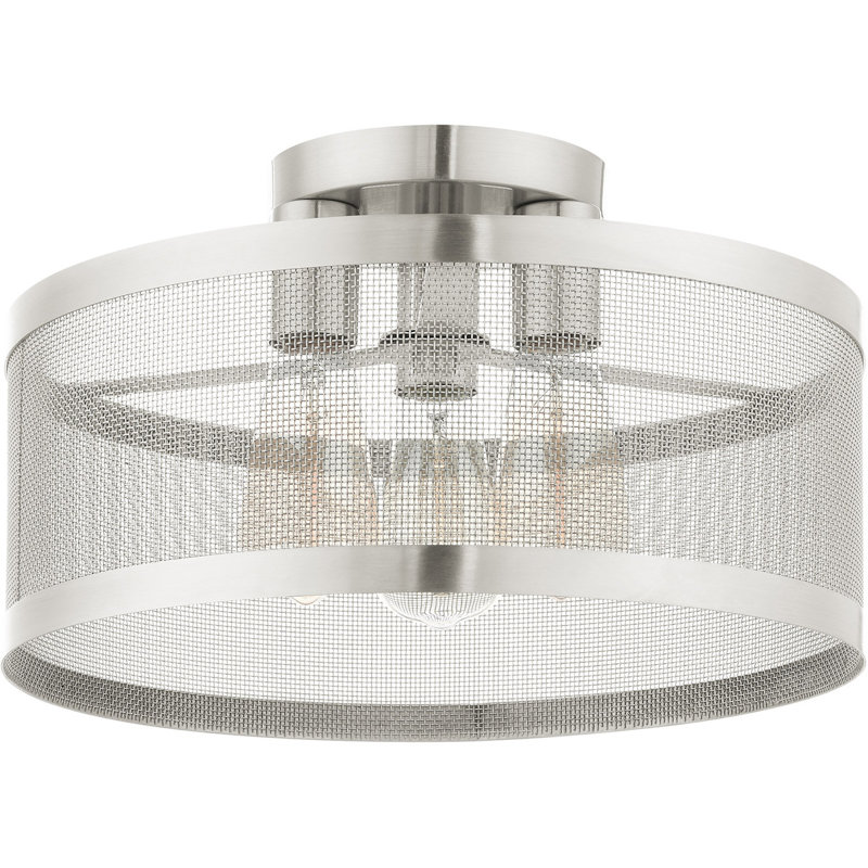 3 Light Semi Flush mount ceiling light fixture with Stainless Mesh Shade, Brushed Nickel