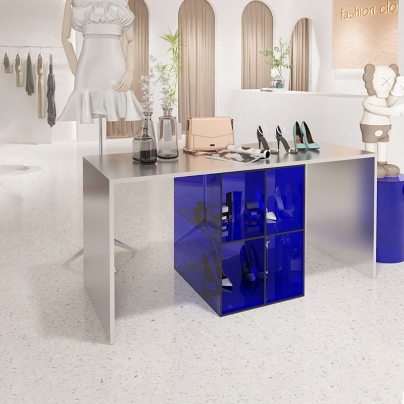 Modern stainless steel acrylic display stand, Blue, 27.56" H x 51.18" W x 19.69" D