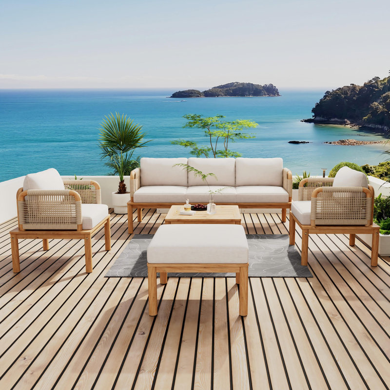 5-Piece Outdoor Patio Furniture Set, Premium Acacia Wood & Woven Rope Combination, Stylish Cushioned Sofa Set For Backyard, Garden & Balcony