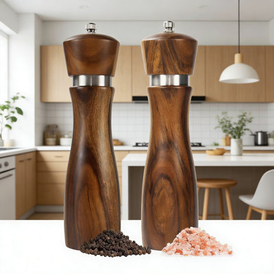 Refillable Salt And Pepper Grinder Set With Adjustable Coarseness, Solid Acacia Wood Construction And Ceramic Stainless Steel Core, 8-Inch Mills