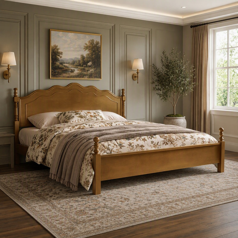 Structure de lit plateforme en bois avec tête de lit courbée sans sommier, Très grand lit, Chêne foncé