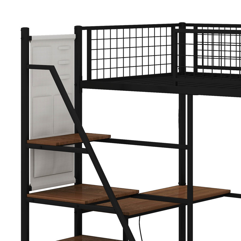 Twin Size Loft Metal Bed With Built-In Charging Station And LED Light, Black