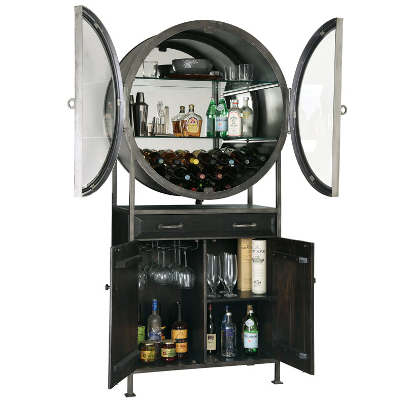 Aged Mocha Hardwood 39.75'' Bar Cabinet with Iron-Finished Frame