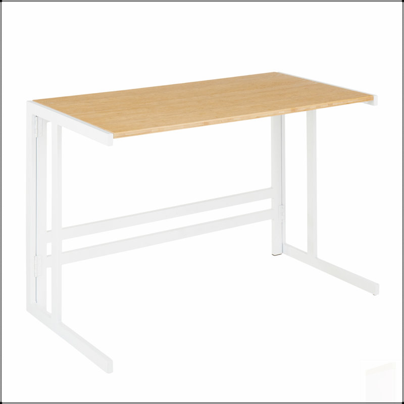 Bureau romain avec structure en métal et plateau en bambou, alliant design moderne et charme rustique pour les espaces de travail à domicile.