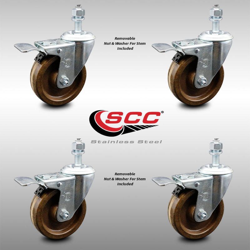 4 Inch SS High Temp Phenolic ½ Inch Threaded Stem Caster Set Total Lock Brake