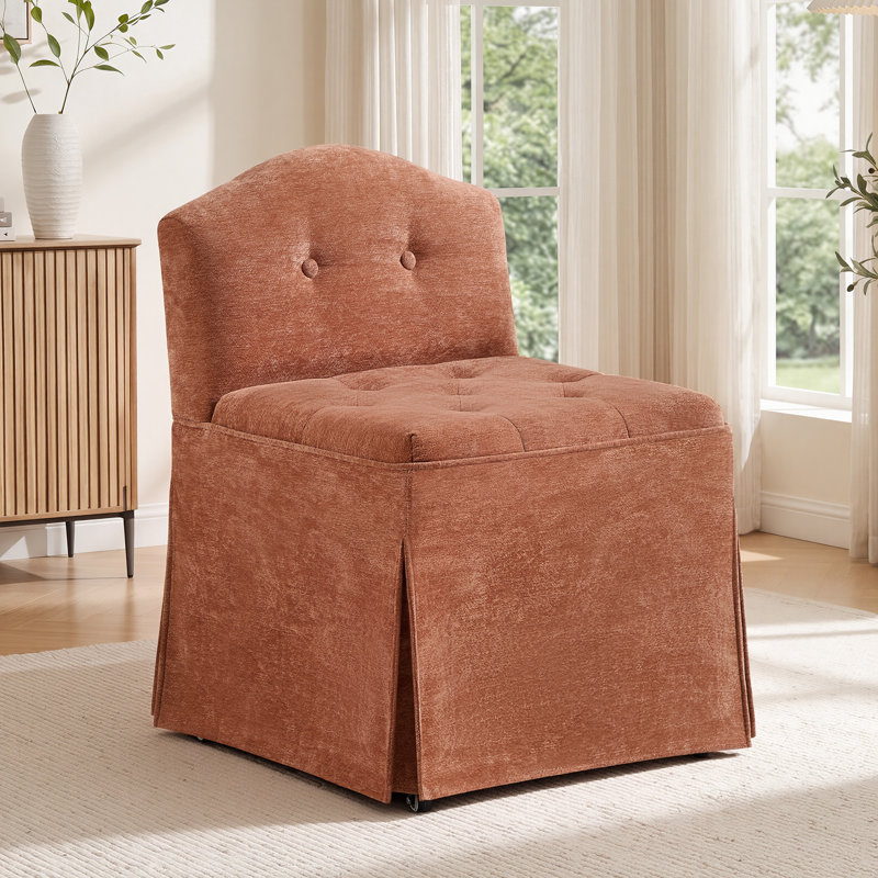 Chaise de coiffeuse pivotante à jupe en chenille avec roulettes, Orange