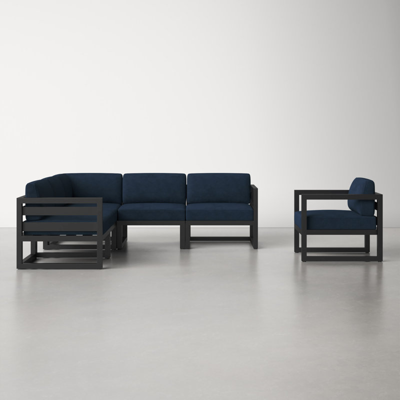 Smith 94'' Wide L-Shaped Powder Coated Aluminum Patio Sectional with Sunbrella® Cushions, Spectrum Indigo Sunbrella®, Black