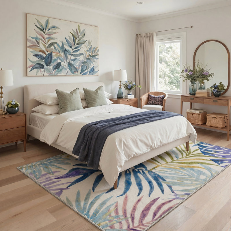 Abrahamson Verdant Tropical Machine Washable Beige / Green / Blue / Purple Indoor Area Rug with Non-Slip Backing