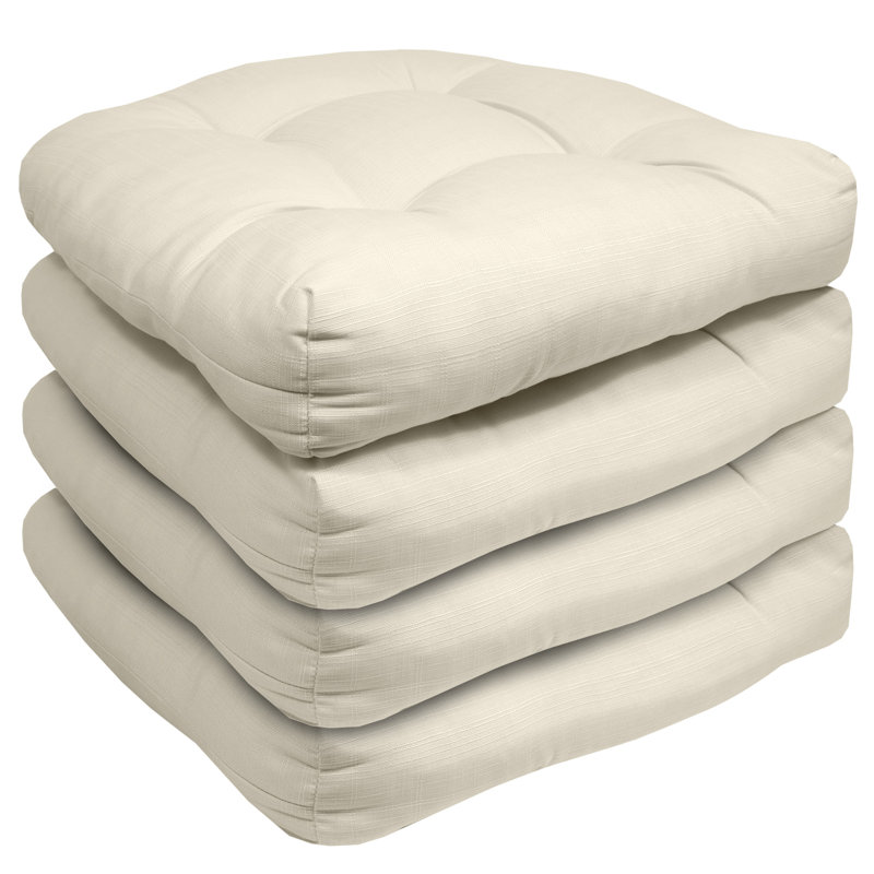Marina Decoration Premium Thick Comfy Patio Seat Pads Fiber Fill Tufted Tie-Less Pillows 19 x 19 x 5 Inch Textured Solid Cover Indoor Outdoor Chair Cushions, 4 Count Pack Cream Color