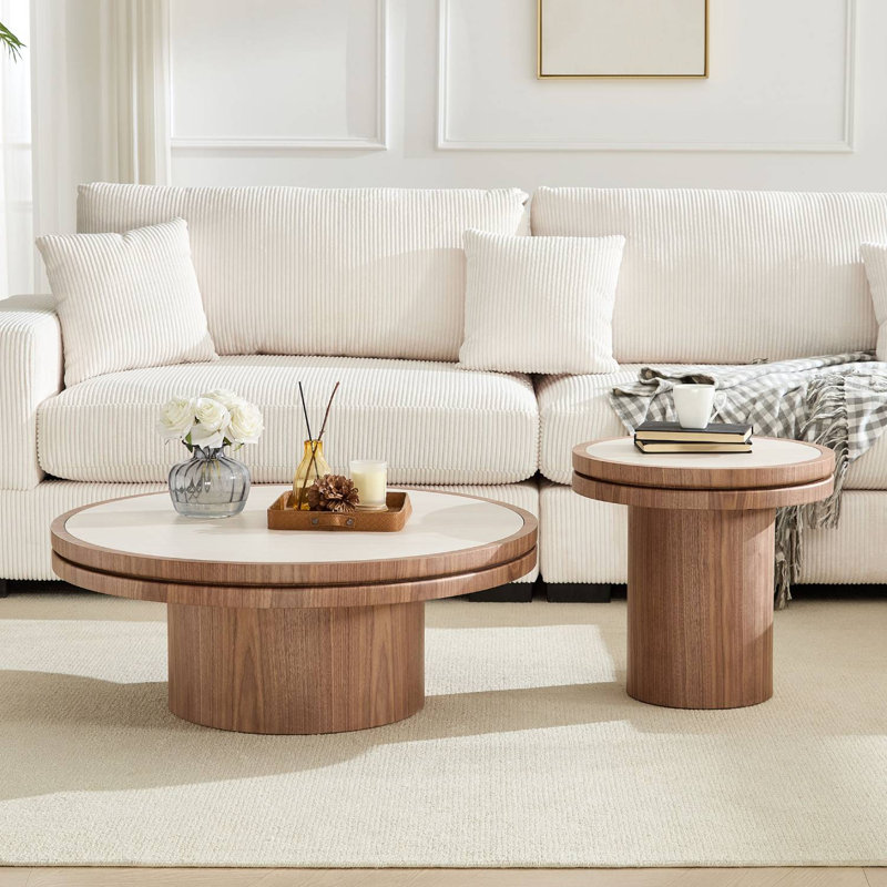 MDF Round Coffee Table Set Of 2, Walnut