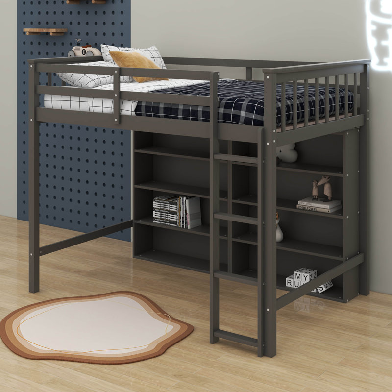 Lit mezzanine double avec tablettes, Antique Grey