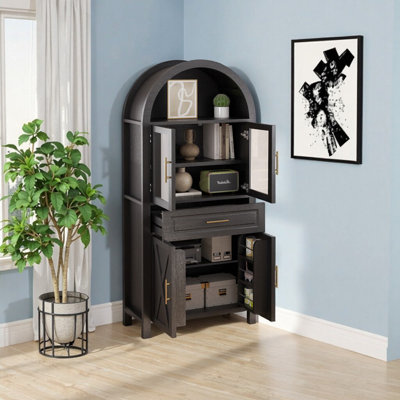Garde-manger à porte en verre Farmhouse - noir | Tablettes réglables et porte de grange pour la cuisine, la salle à manger ou le vestibule