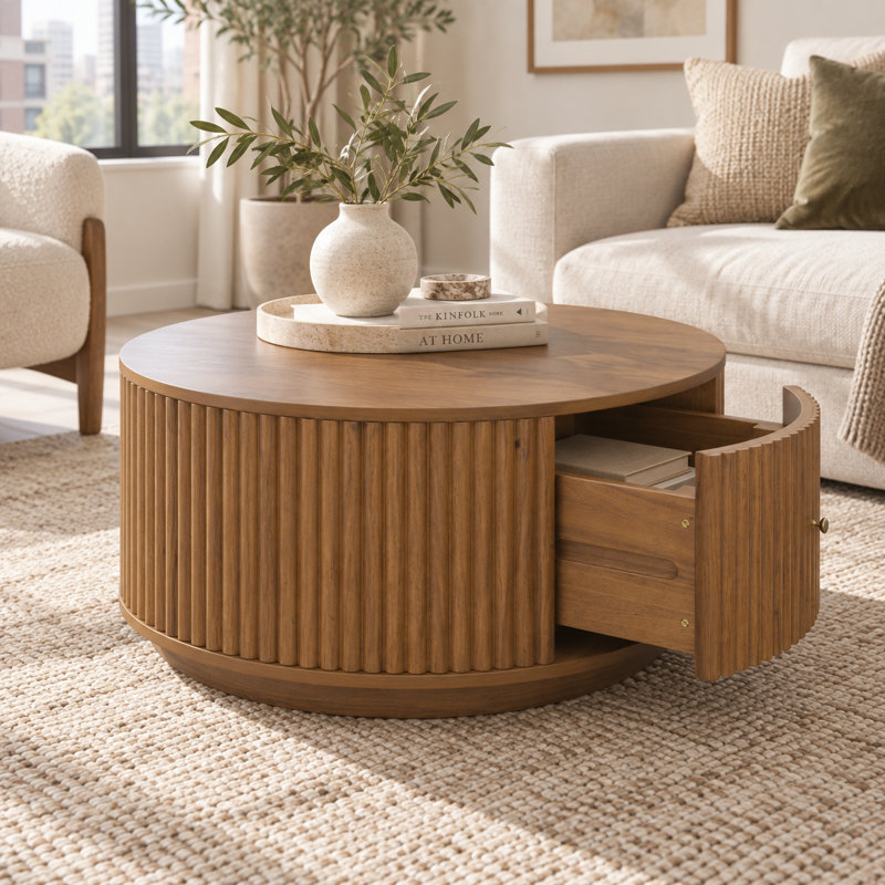 Table basse ronde cannelée de style moderne du milieu du siècle avec 2 tiroirs incurvés dissimulés, table basse de rangement cylindrique en noyer pour salon