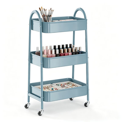 Chariot roulant à 3 niveaux avec poignée et roues verrouillables, chariot de rangement en métal robuste avec paniers en maille, chariot de rangement multifonctionnel pour la cuisine, le salon, le bureau, le garage