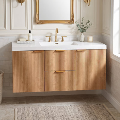 Meuble-lavabo mural 36 po avec lavabo simple, comptoir en céramique, armoire en panneau de fibres à densité moyenne, portes à fermeture en douceur et tiroirs divisés 36 po