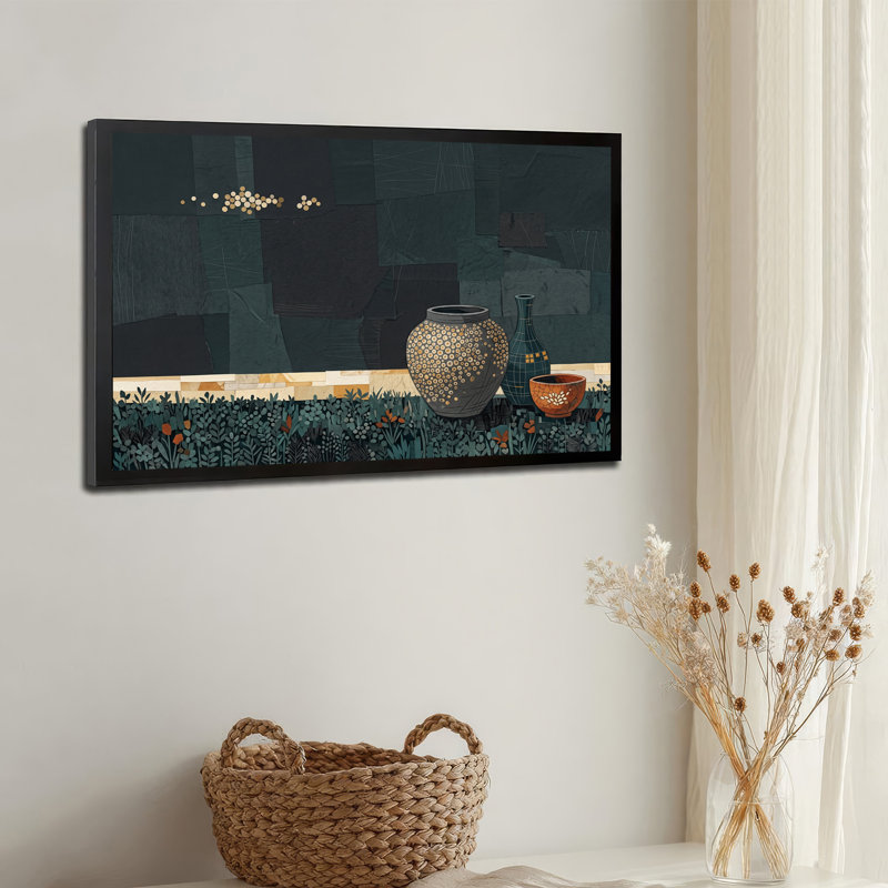 Toile grise tachetée grise et bouteille en toile verte, H 16 po x l 24 po