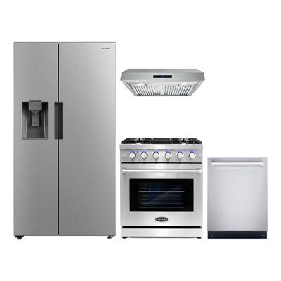 4 Piece Kitchen Package with Side by Side Refrigerator & 36" Gas Range