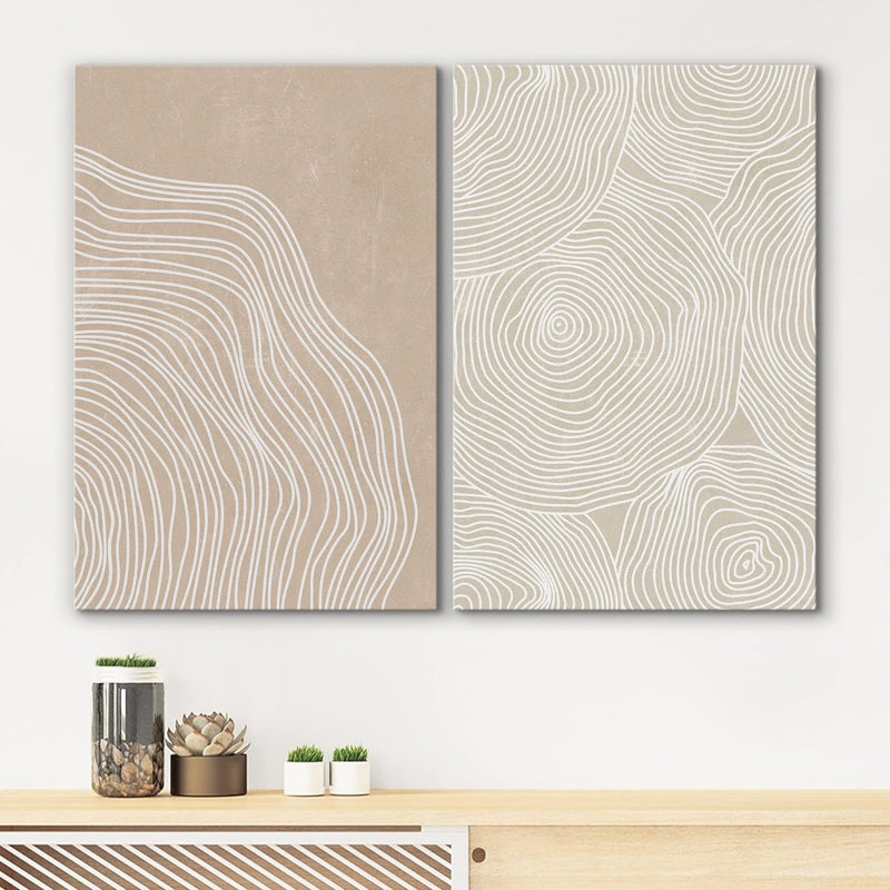«White Tan Wood Tree Ring Silhouette Collage Nature Modern Art Rustic on Canvas», reproduction de 2 pièces, H 24 po x l 32 po