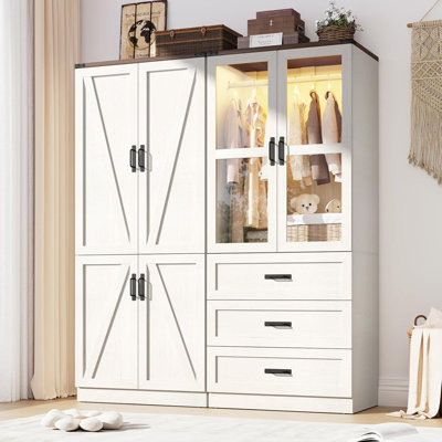 Armoire penderie 74 portes H 74,8 po avec lumières à DEL, armoire de style campagnard rustique avec tringle et tablettes réglables pour la chambre à coucher