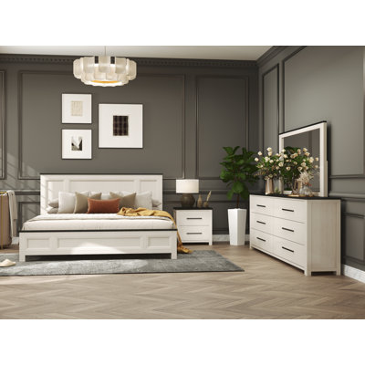 Roundhill Furniture Realynn 4-Piece Wood Bedroom Set, Panel Bed with Dresser, Mirror, and Nightstand, Off-White Finish by Roundhill Furniture
