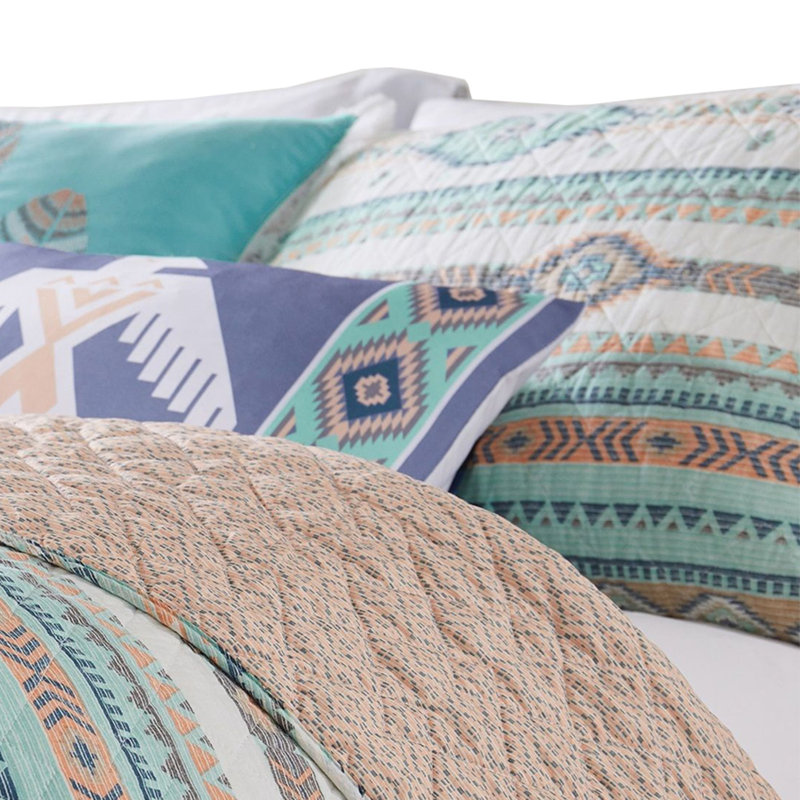 Blue Geometric Pattern Twin Microfiber Quilt Set