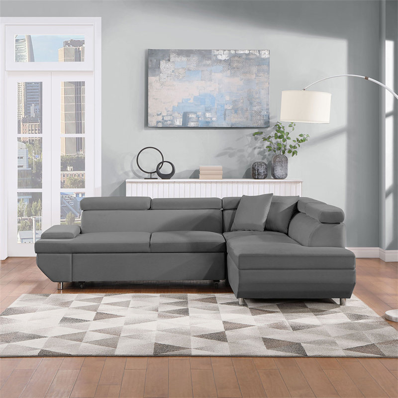 Canapé-lit en velours 75,59 po Louisius, Velours gris velours, Left Hand Facing, H 23 po x l 76 po x P 37 po