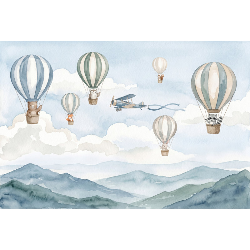 Papier peint aquarelle, montgolfières, animaux des bois, 100 po x 96 po, Texturé non collé