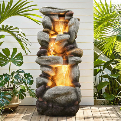 39.4" 3-Tier Rock Water Fountain with LED Lights, Polyresin Freestanding Waterfall Decor, Weather-Resistant Outdoor Fountain for Patio or Garden