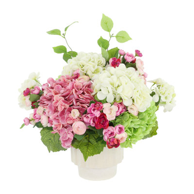 Hydrangeas and Ranunculus Arranged in Ceramic Pot