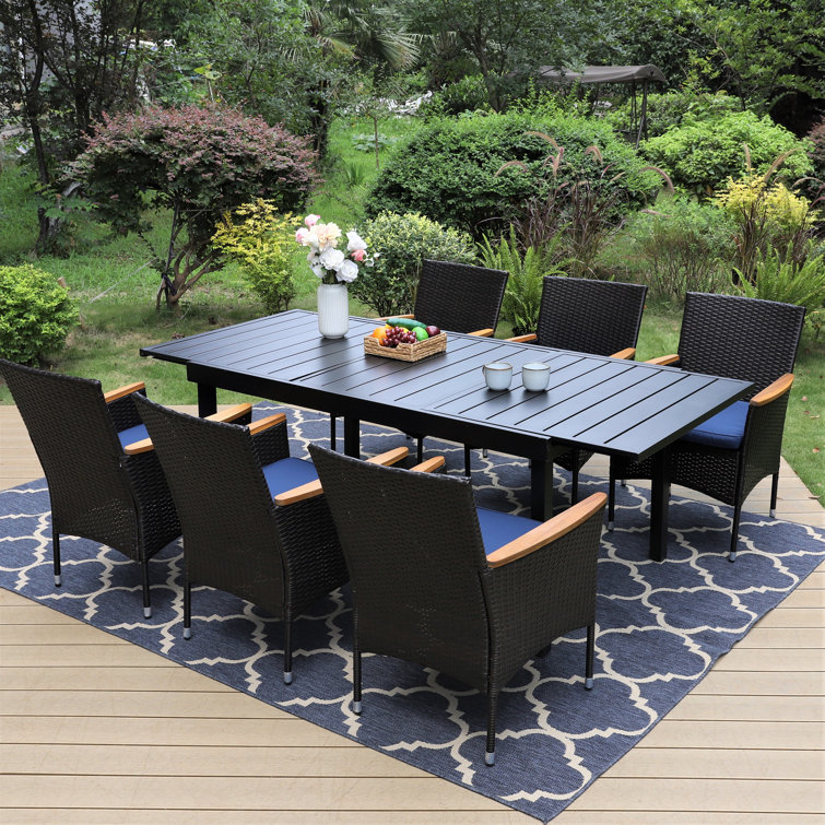 Alyah Stretchable Dining Table With 6 PE Rattan Chairs-6-Person Dining Set