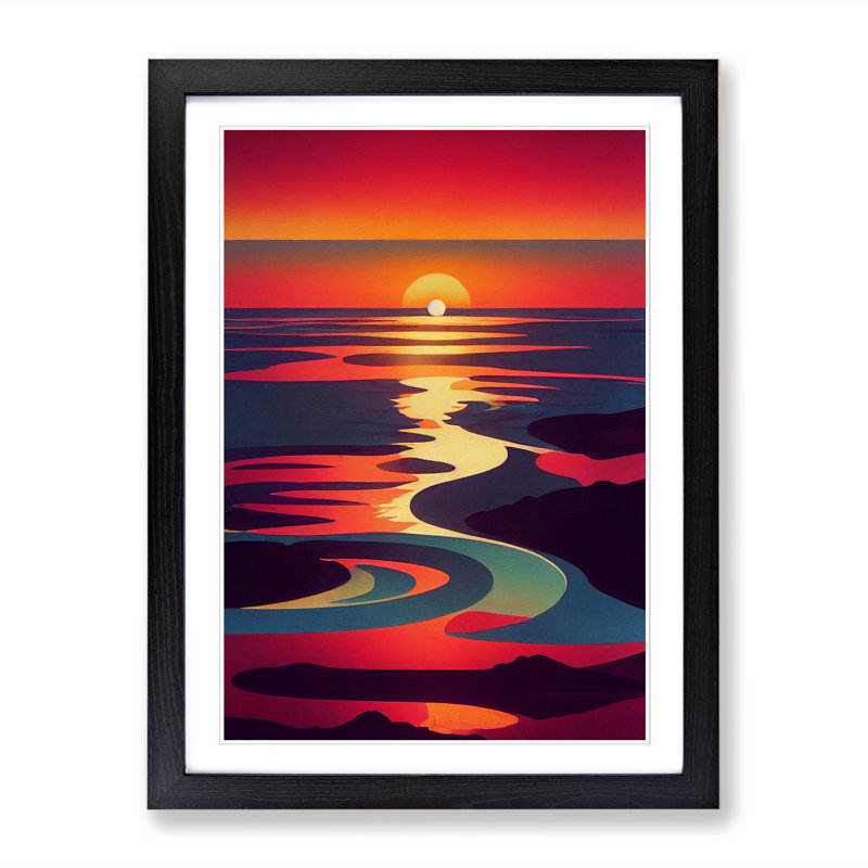 Neves Divisionism Sunset - Picture Frame Print, 64cm H x 46cm W x 2cm D, Walnut