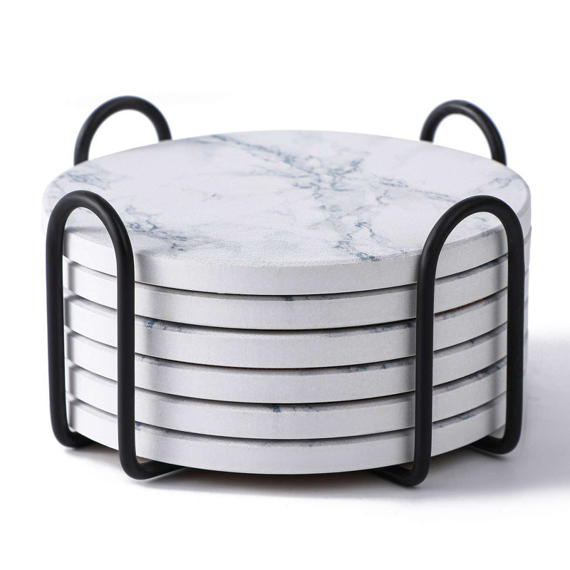 Stoneware Round 6 Piece Coaster Set With Holder