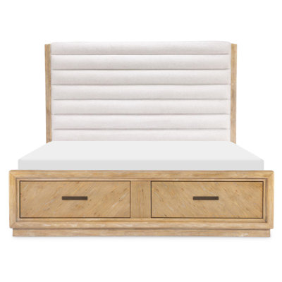 Apresio Coastal Channeled Upholstered Storage Bed In Aged Driftwood Finish