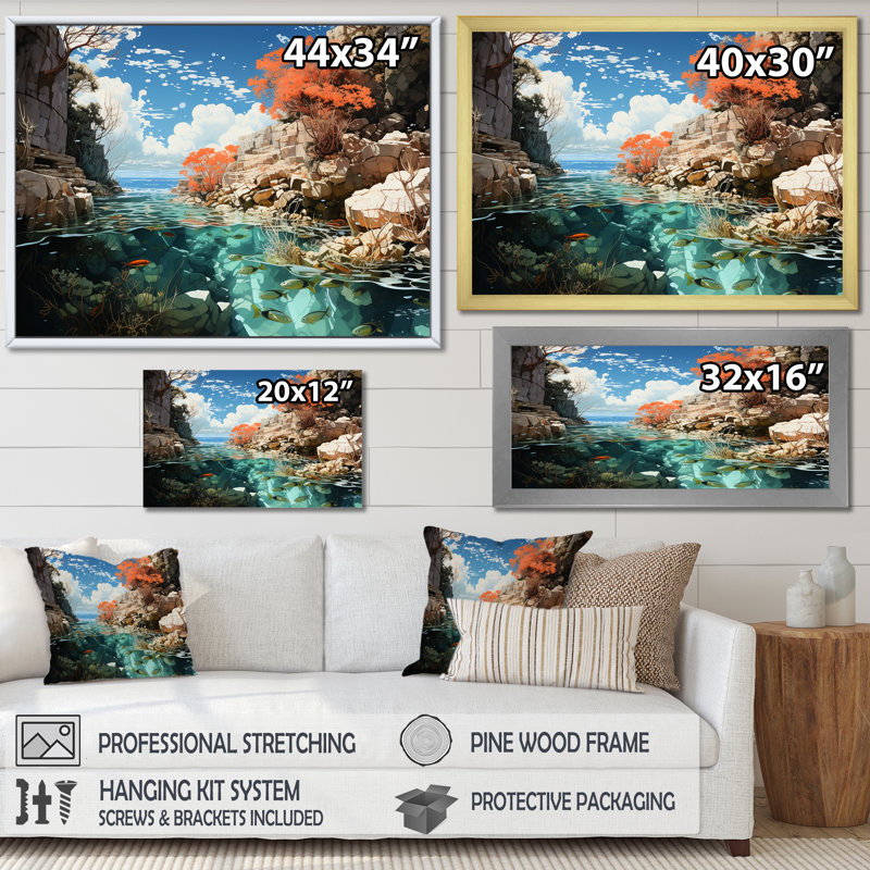 Coraux et paysage de patchwork de corail - impressions sur toile corail, Cadre flottant blanc, H 34 po x l 44 po x P 1,5 po