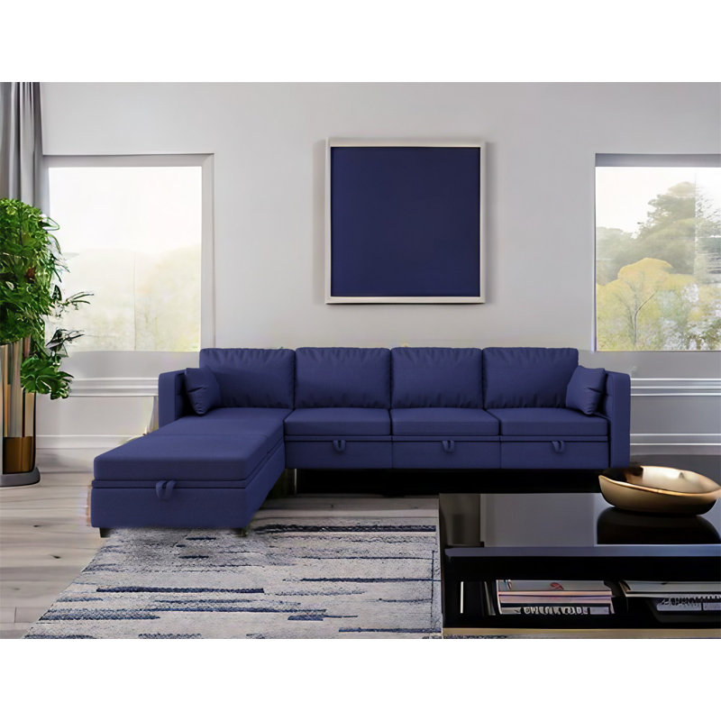 Canapé modulaire 6 pièces rembourré, Mélange de lin bleu marine