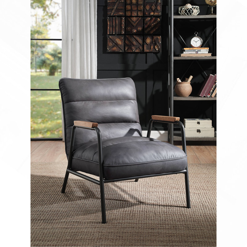 Chaise d'appoint en cuir fleur avec structure en fer mat, chaise d'appoint industrielle moderne pour le salon et la chambre à coucher