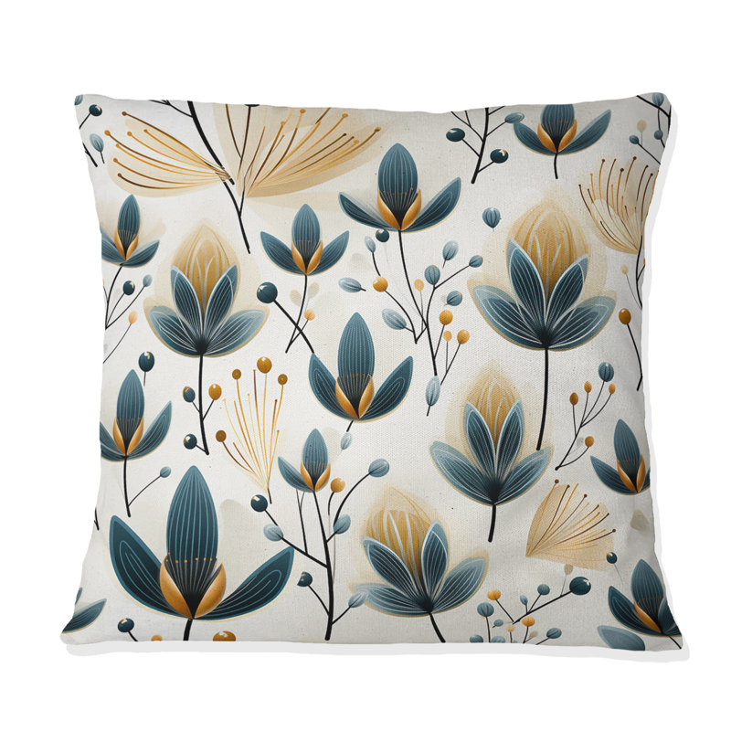 Coussin décoratif en polyester scandinave jaune et blanc à motif floral, H 16 po x l 16 po