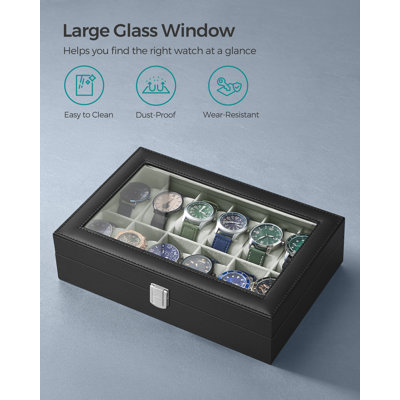 Watch Box, 12-Slot Watch Case, Watch Box Organizer, Black Synthetic Leather, Greenish Gray Lining