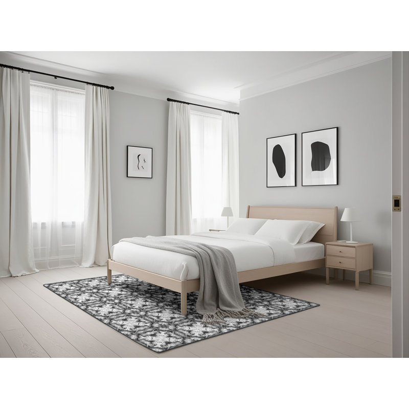 Tapis noir/blanc cassé à motifs, Rectangle 5 pi x 7 pi