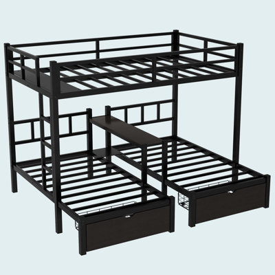 Lit superposé simple au-dessus de simple et simple TG avec tiroirs, lit multifonctionnel à structure en métal avec bureaux et tablettes au centre, noir