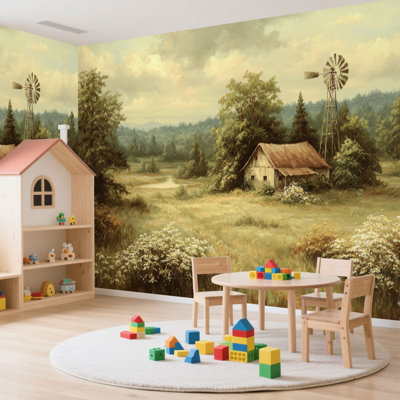 Peel and Stick Wallpaper 144" L x 100" W Modern Self Adhesive Wall Mural for Bedroom Farmhouse Country Vintage Landscape Wildflowers Wooden Barn Windmill