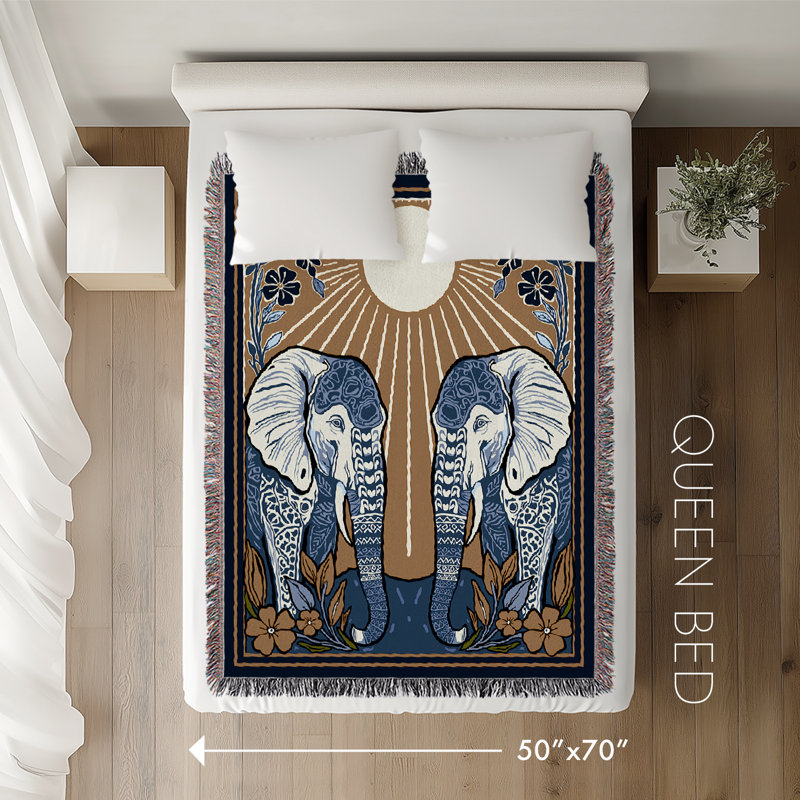 Jeté en mélange de coton Lim Elephant, Noir / bleu / rouge, L 70 po x l 50 po