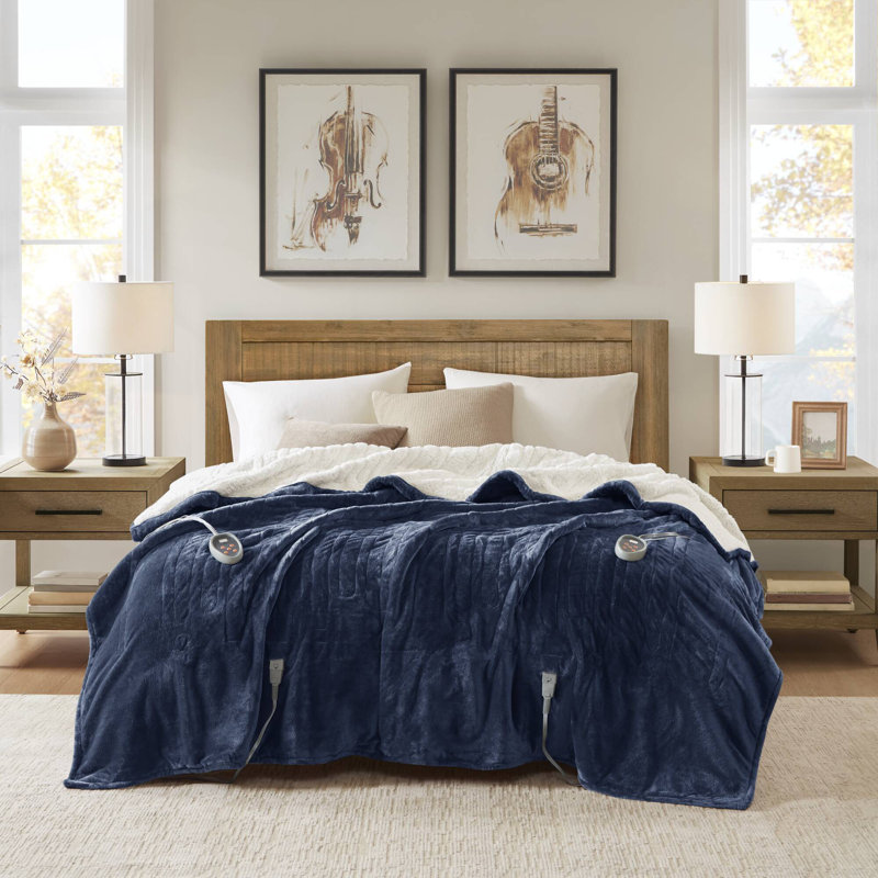 Indigo Twin Reversible Sherpa Knitted Heated Blanket